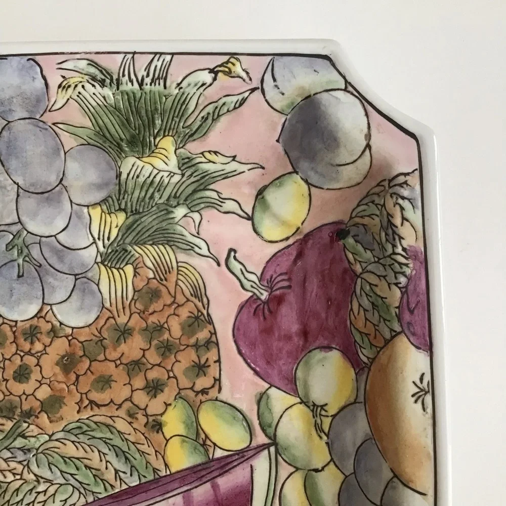 Vintage Square Pastel Fruits Pattern Dish Plate Grapes Pineapple Melons Pears